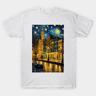 Beautiful city in Vincent van Gogh starry night style T-Shirt
